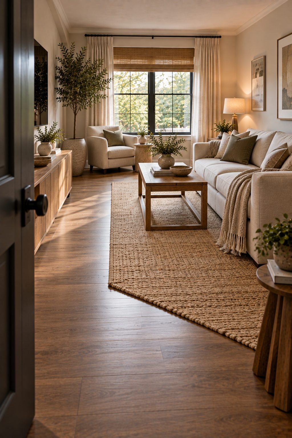 A small living room with a sofa positioned to leave a clear diagonal walking path from the door to the rest of the room, rather than blocking it