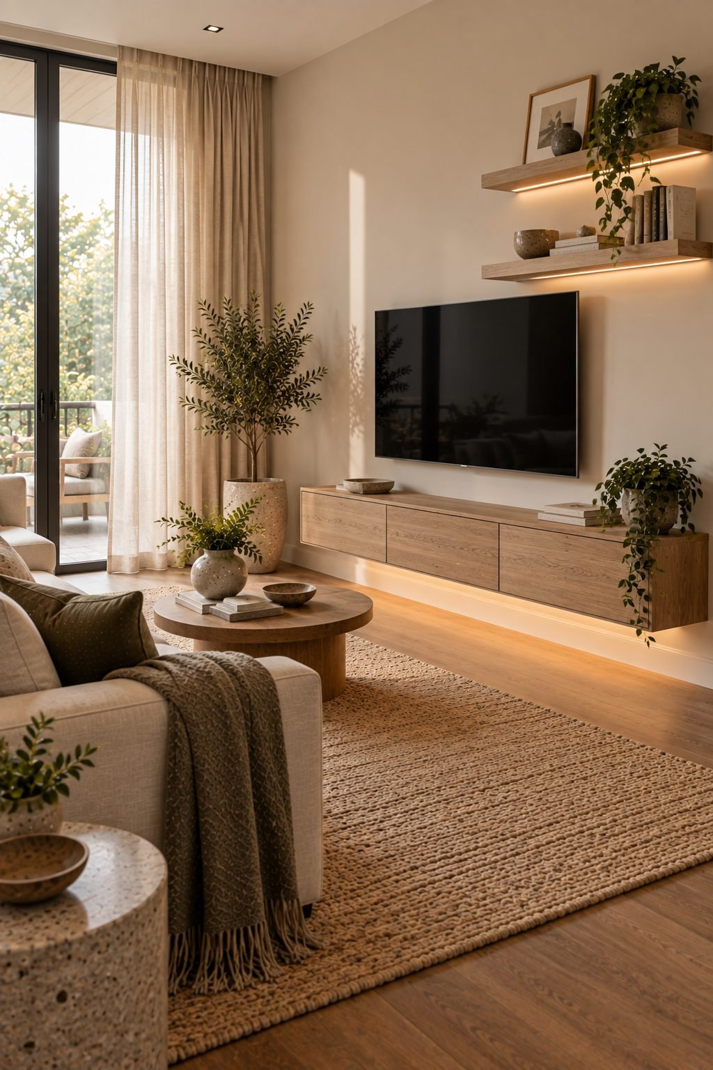 A small living room with a wall-mounted media console and floating shelving unit, keeping the floor beneath it visible