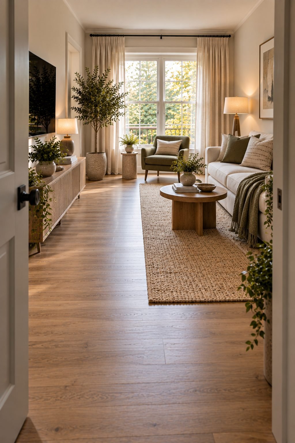 A small living room with a large mirror leaning against the wall opposite a window, reflecting natural light and creating the impression of depth