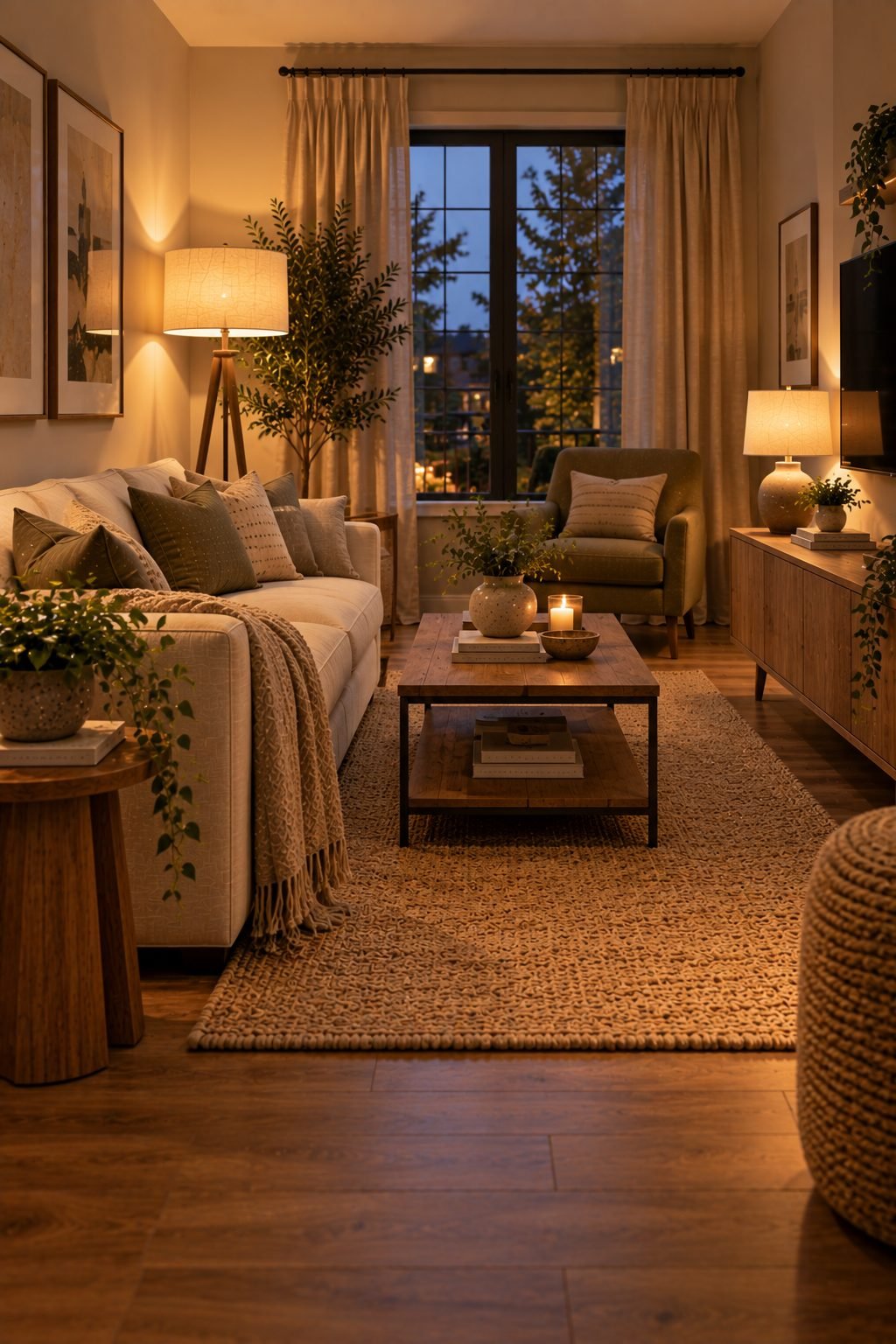 A tall, narrow storage cabinet in a small living room reaching close to the ceiling, occupying minimal floor width