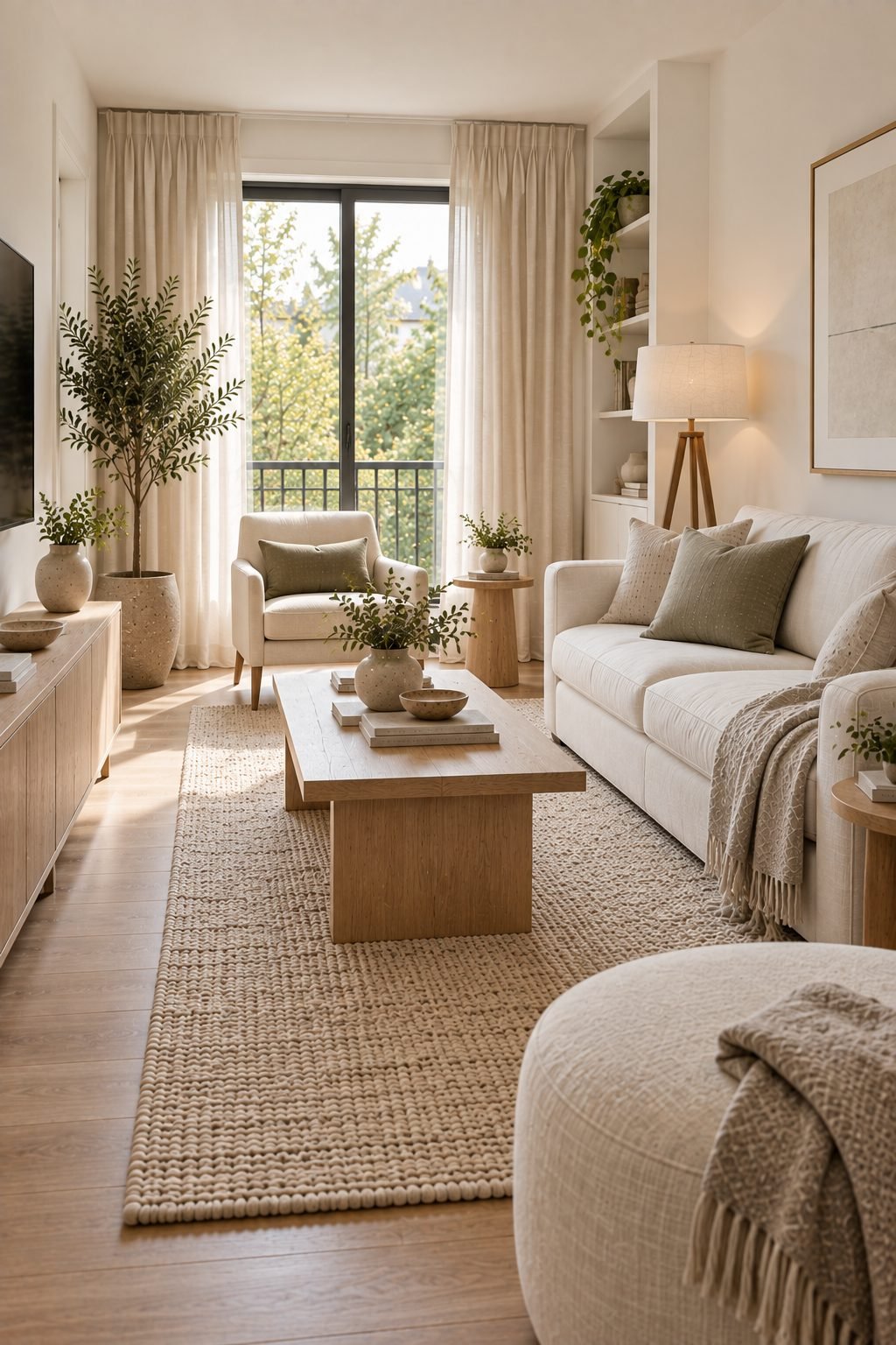 A small living room viewed from the doorway showing a clear, unobstructed walking path across the room with furniture arranged along the edges