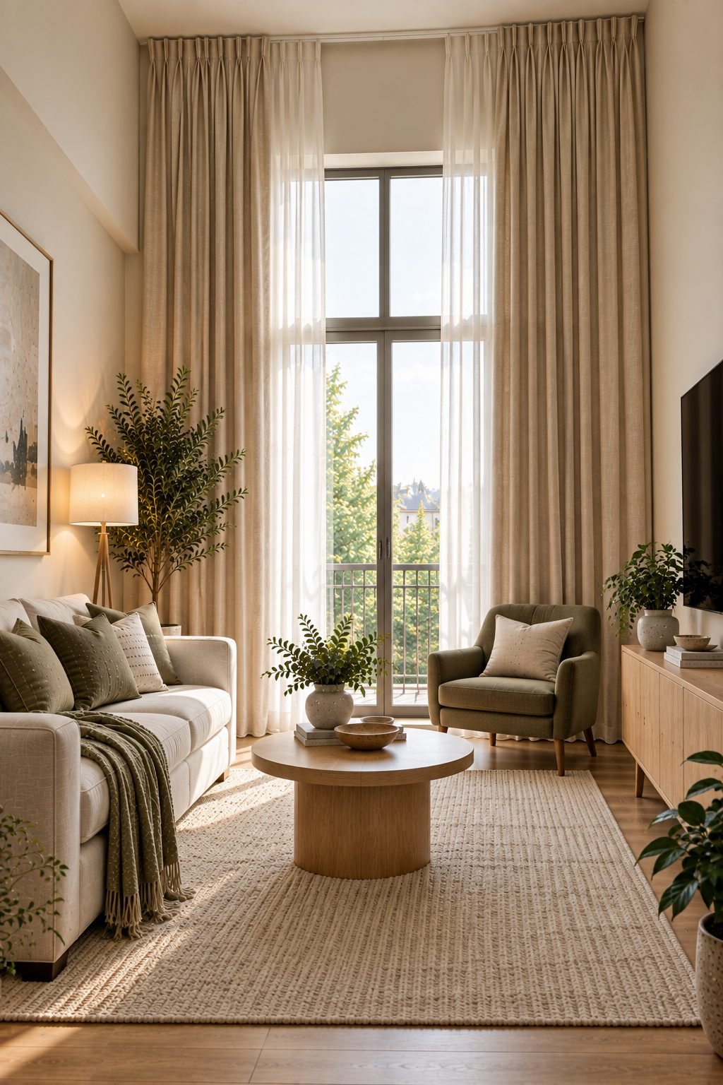 A small living room in the evening lit by a floor lamp and a table lamp with warm ambient light, rather than a single overhead fixture