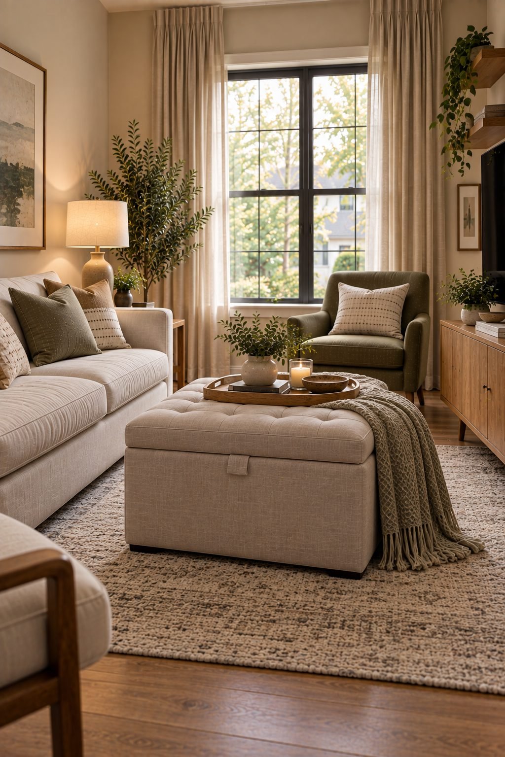 A rug in a small living room sized to extend under the front legs of the sofa and chairs, unifying the seating area