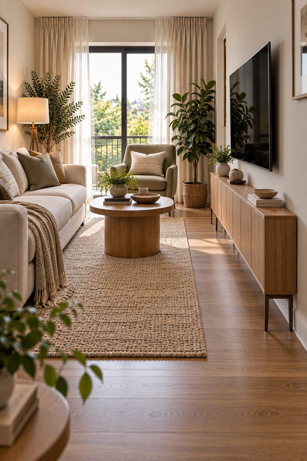 A small living room with a light, restrained neutral palette of soft white walls, a cream sofa, and natural wood furniture