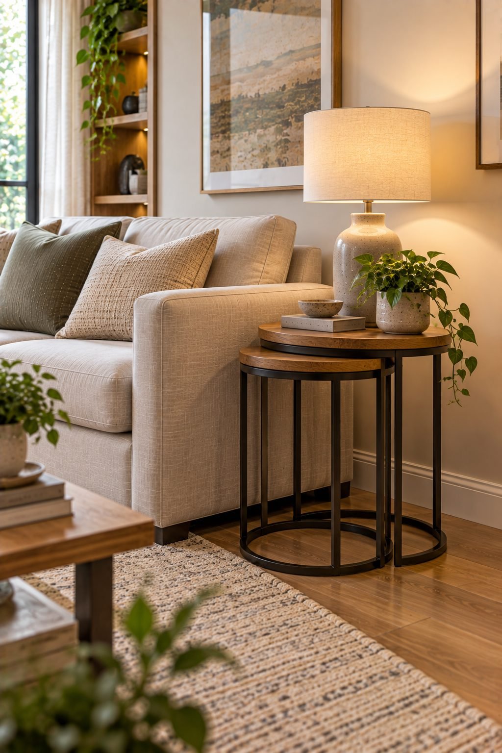 Floor-length curtains in a small living room hung close to the ceiling, drawing the eye upward toward a taller perceived ceiling height