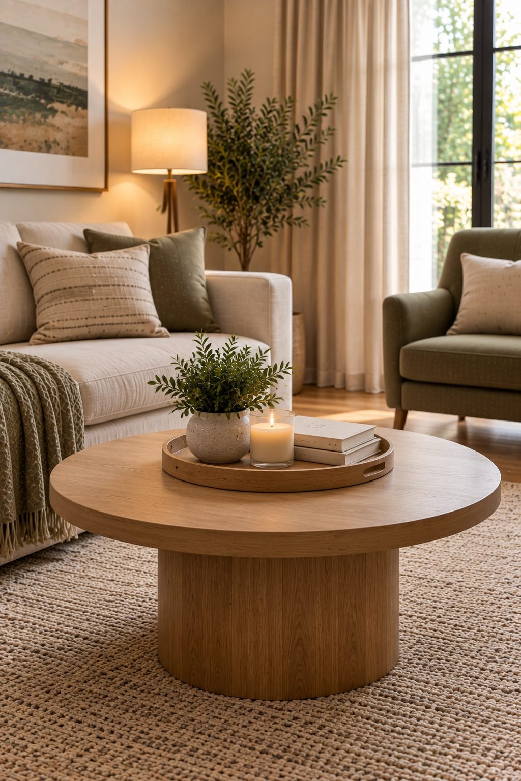 A storage ottoman doubling as a coffee table and extra seating in a small living room