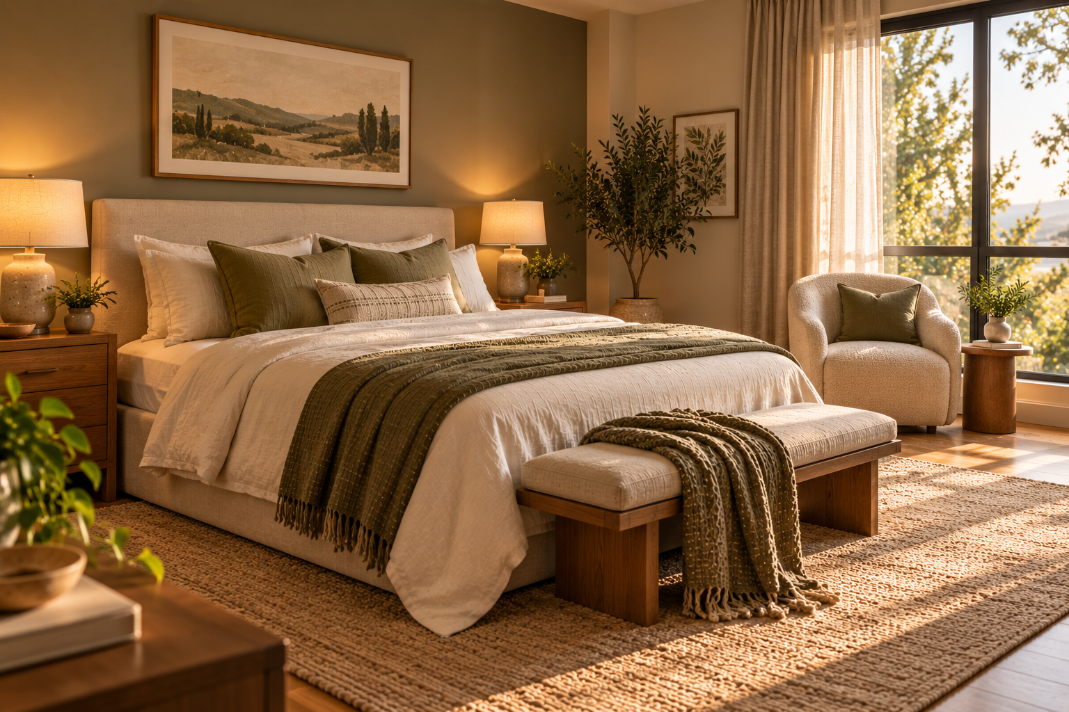 A warm, relaxing bedroom with soft cream and olive-toned bedding, layered textures, a reading chair in the corner, and a large window with soft curtains letting in golden afternoon light