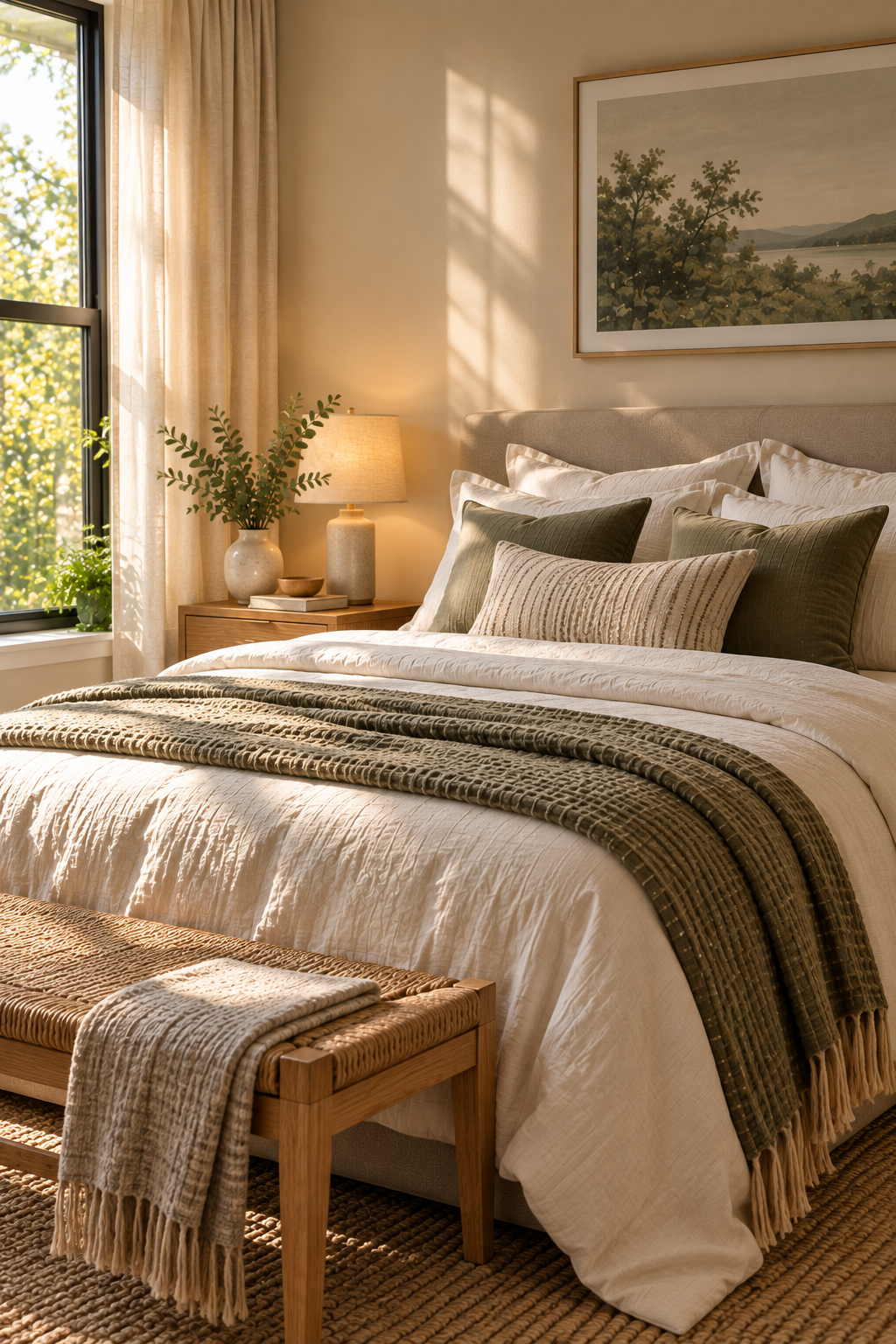 A relaxing bedroom with a bed layered in soft cream linens, a folded waffle-weave blanket, and several mismatched-but-coordinated pillows in warm neutral tones, soft natural light coming through a nearby window