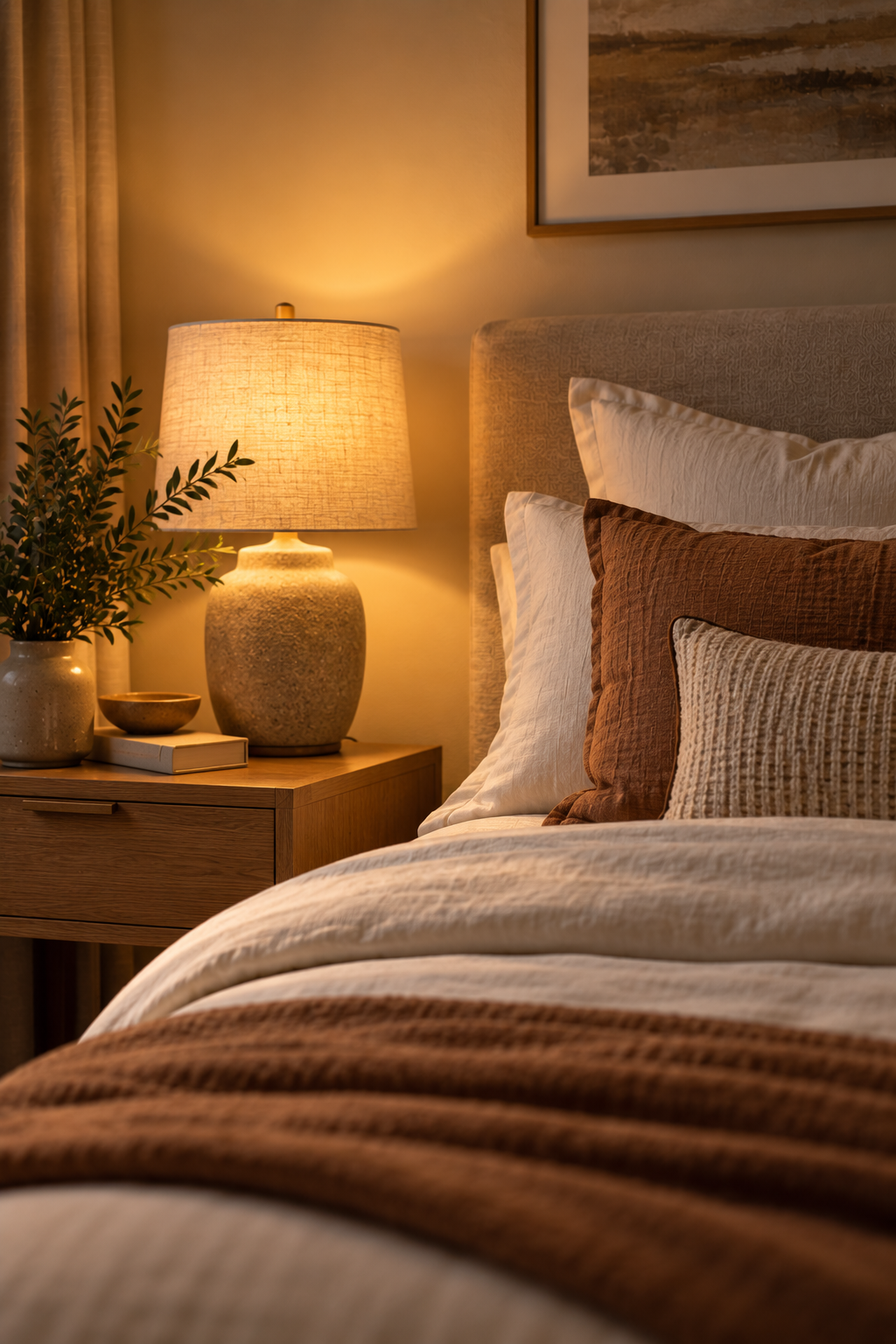 Close-up of a warm ceramic bedside lamp glowing softly on a wood nightstand next to a made bed with cream and rust-toned pillows, the room otherwise dim