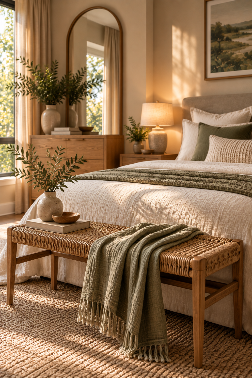 Bedroom detail showing a woven rattan bench at the foot of the bed, a linen throw, a ceramic vase, and a wood-framed mirror, emphasizing natural textures over hard surfaces