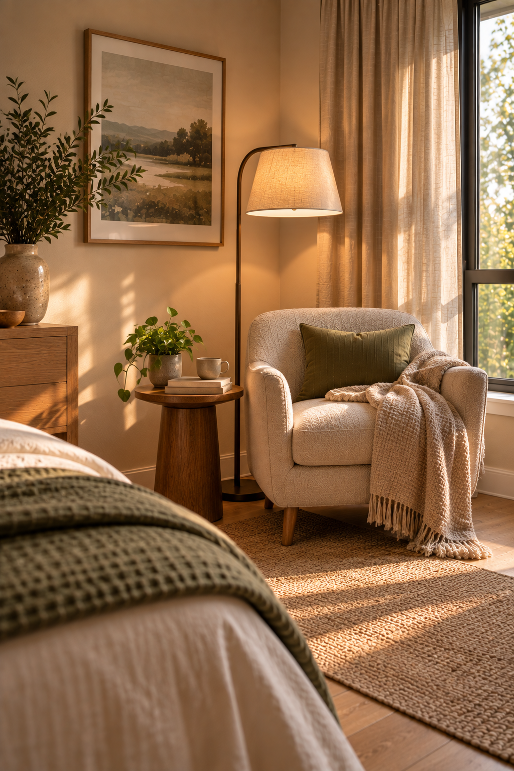 A small reading corner in a bedroom with a upholstered armchair, a floor lamp, a folded throw blanket, and a small side table with a stack of books