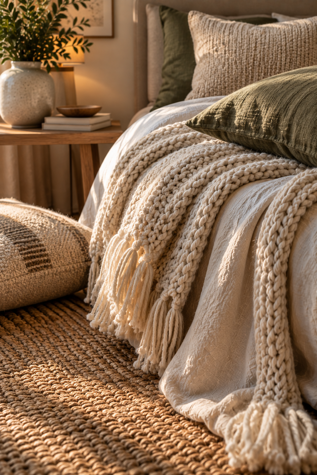 Close-up of layered bedroom textures — a chunky knit throw, a smooth linen pillow, a woven jute rug corner, and a soft wool cushion, all in warm neutral tones