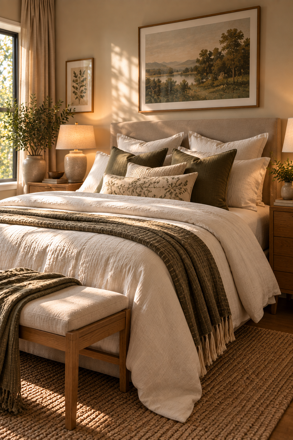 A beautifully made bed shown as the clear focal point of the room, plumped pillows arranged in a soft triangular stack, a neatly folded throw at the foot, warm afternoon light across the linens