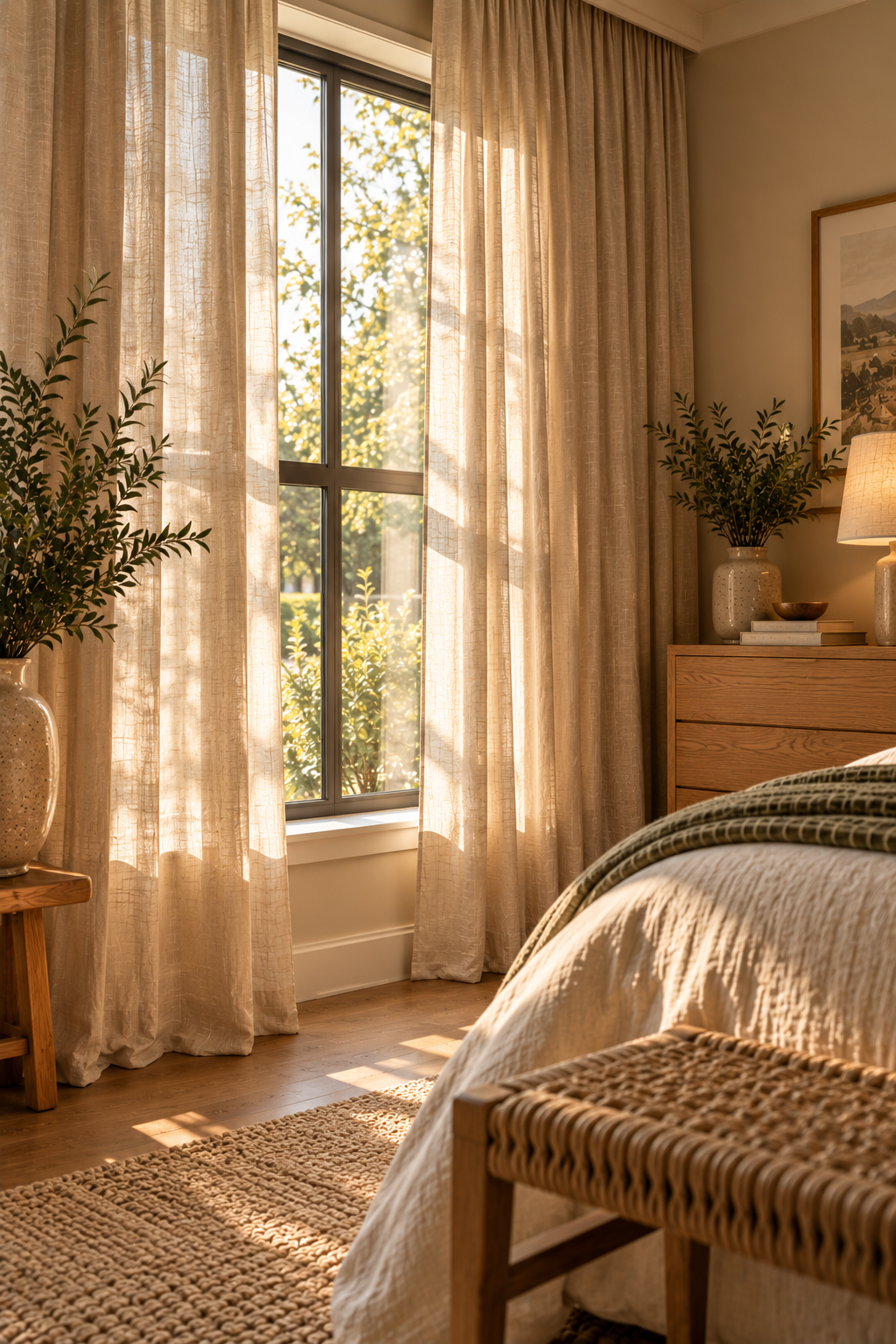 A bedroom window dressed in soft, floor-length linen curtains in a warm oatmeal tone, filtering afternoon sunlight into the room