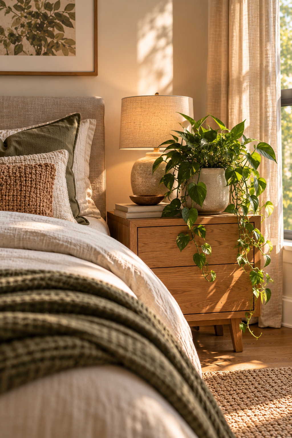 A trailing potted plant on a wood nightstand beside a bed with warm neutral bedding, soft daylight from a nearby window