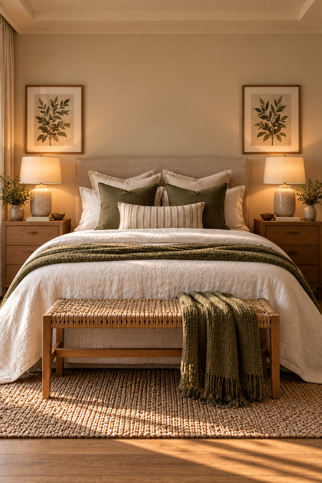 A bedroom shot straight-on showing matching nightstands, matching lamps, and matching artwork on either side of a centered bed, creating a calm, symmetrical composition
