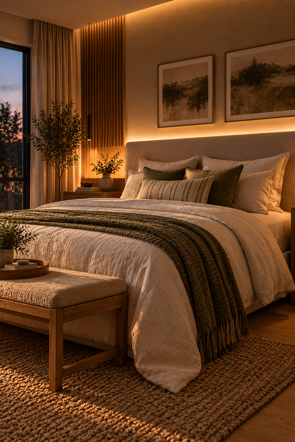 A bedroom at dusk lit by a soft wall-washed glow from a hidden light source behind furniture, creating gentle ambient illumination rather than a single bright source