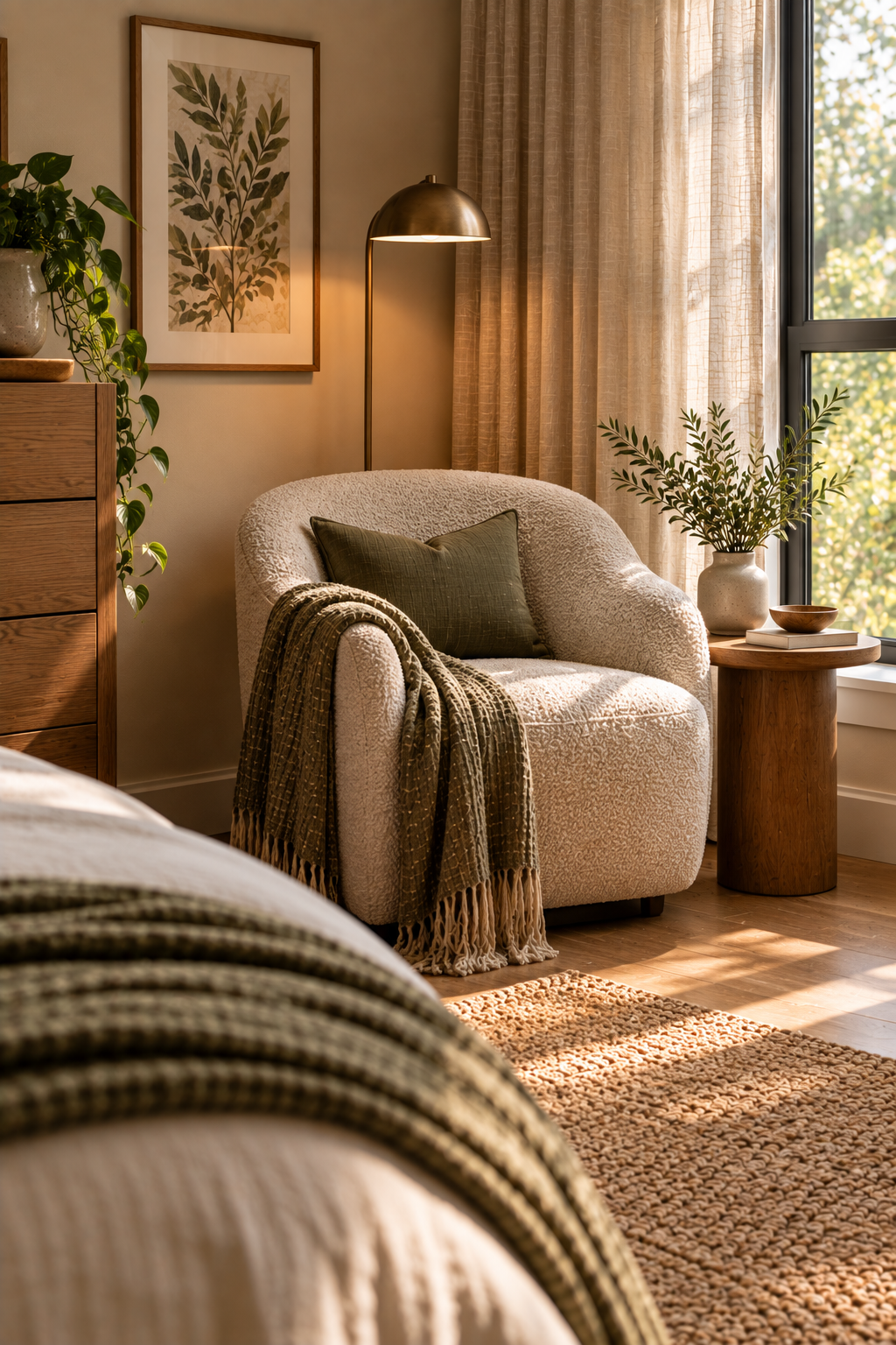A single upholstered bouclé accent chair positioned in the corner of a bedroom near a window, with a small cushion and a folded throw