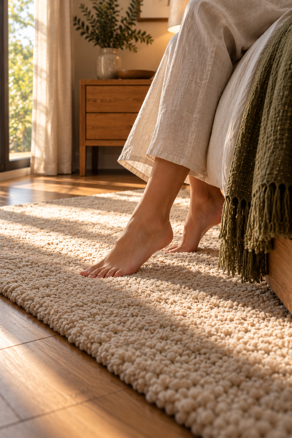 Bare feet stepping onto a thick, soft wool area rug beside a bed, warm morning light across the floor