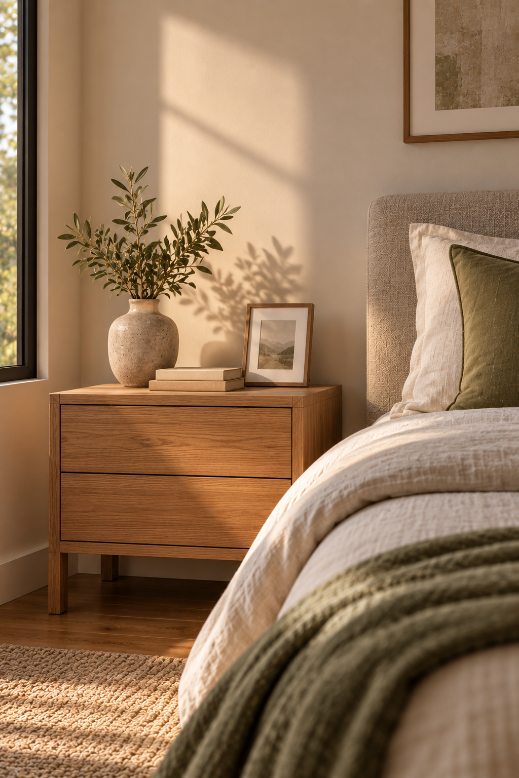 A calm, uncluttered bedroom corner with only a few carefully chosen objects — a single vase, a stack of two books, one small frame — and plenty of visible empty surface