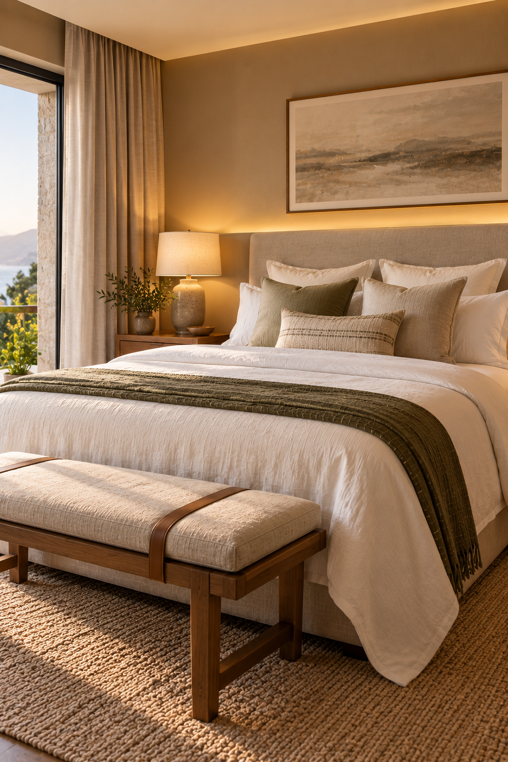A serene, hotel-style bedroom with crisp white and warm neutral bedding, a single luggage-style bench at the foot of the bed, minimal styled surfaces, and soft indirect lighting