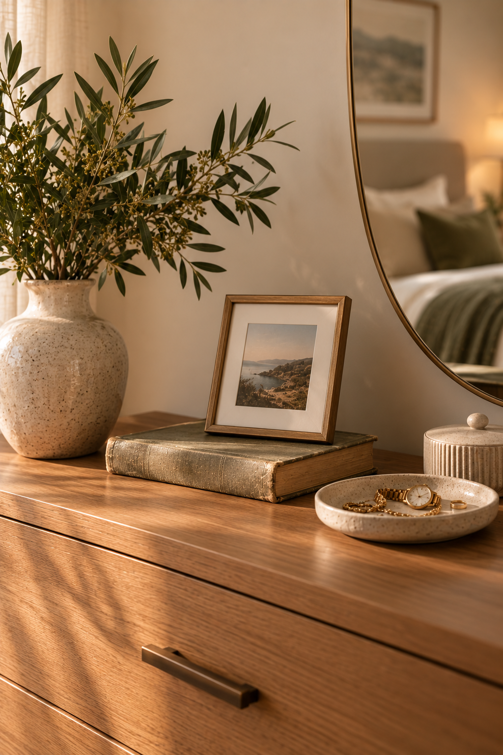 A styled bedroom vignette on a dresser top featuring a few personal objects — a small framed photo, a worn book, a ceramic dish with jewelry — arranged simply against a soft neutral wall