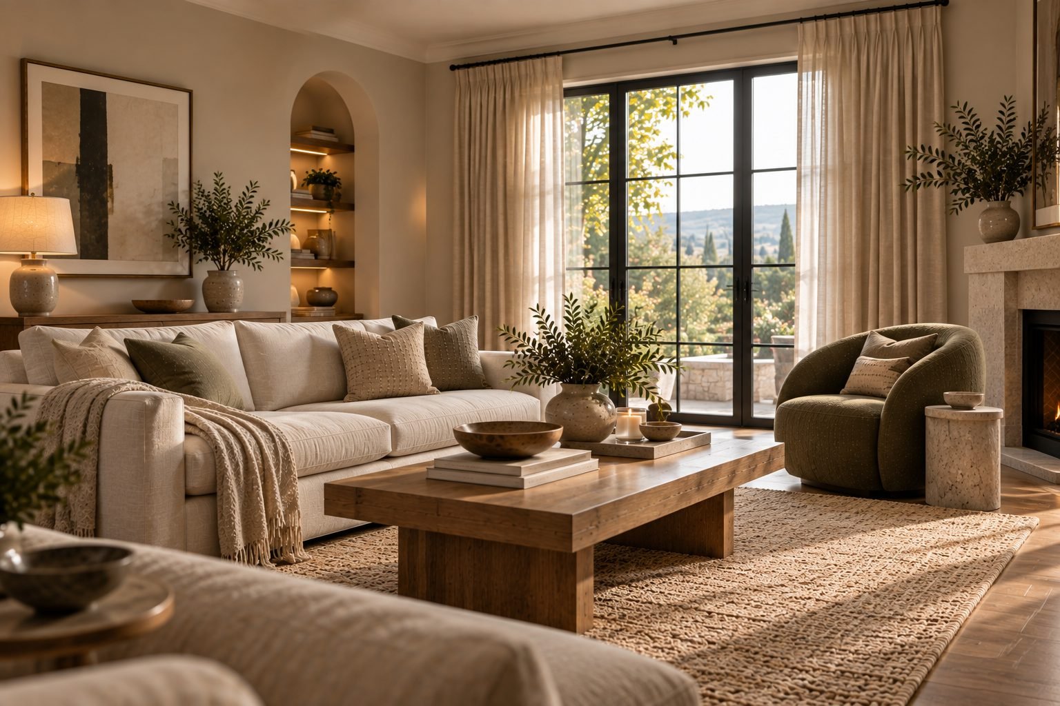 An elegant, restrained living room with a neutral linen sofa, a natural wood coffee table, a statement accent chair, layered warm lighting, and a large window with floor-length linen curtains