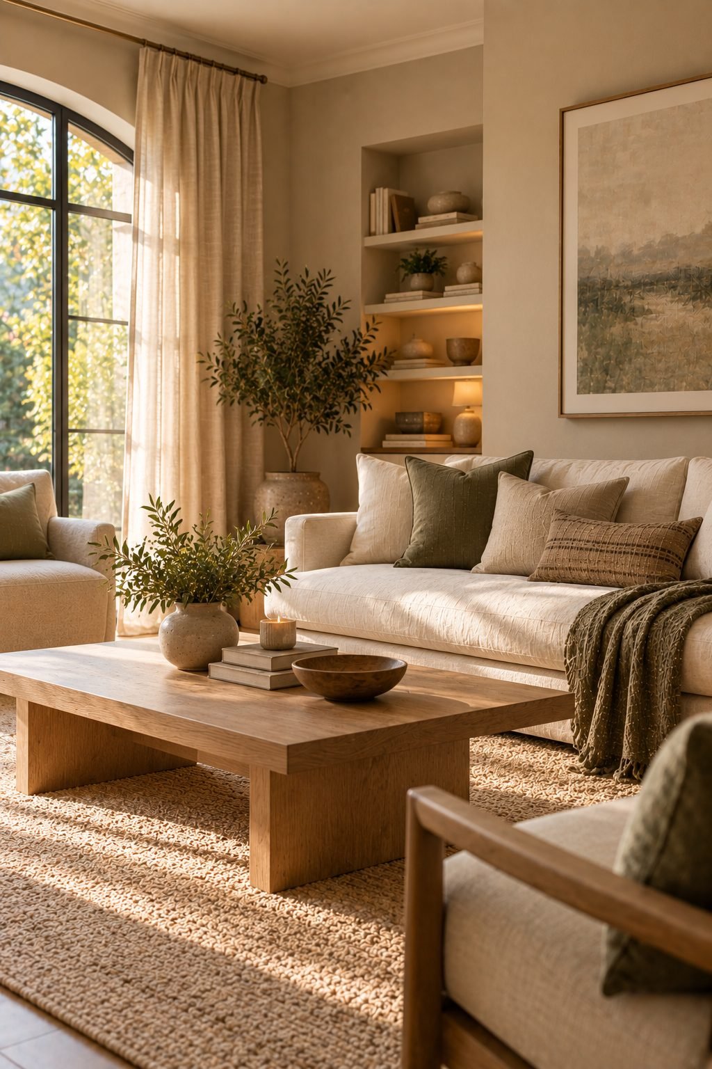 An elegant living room with a low-contrast neutral palette of warm greige walls, a cream sofa, natural wood coffee table, and soft linen curtains