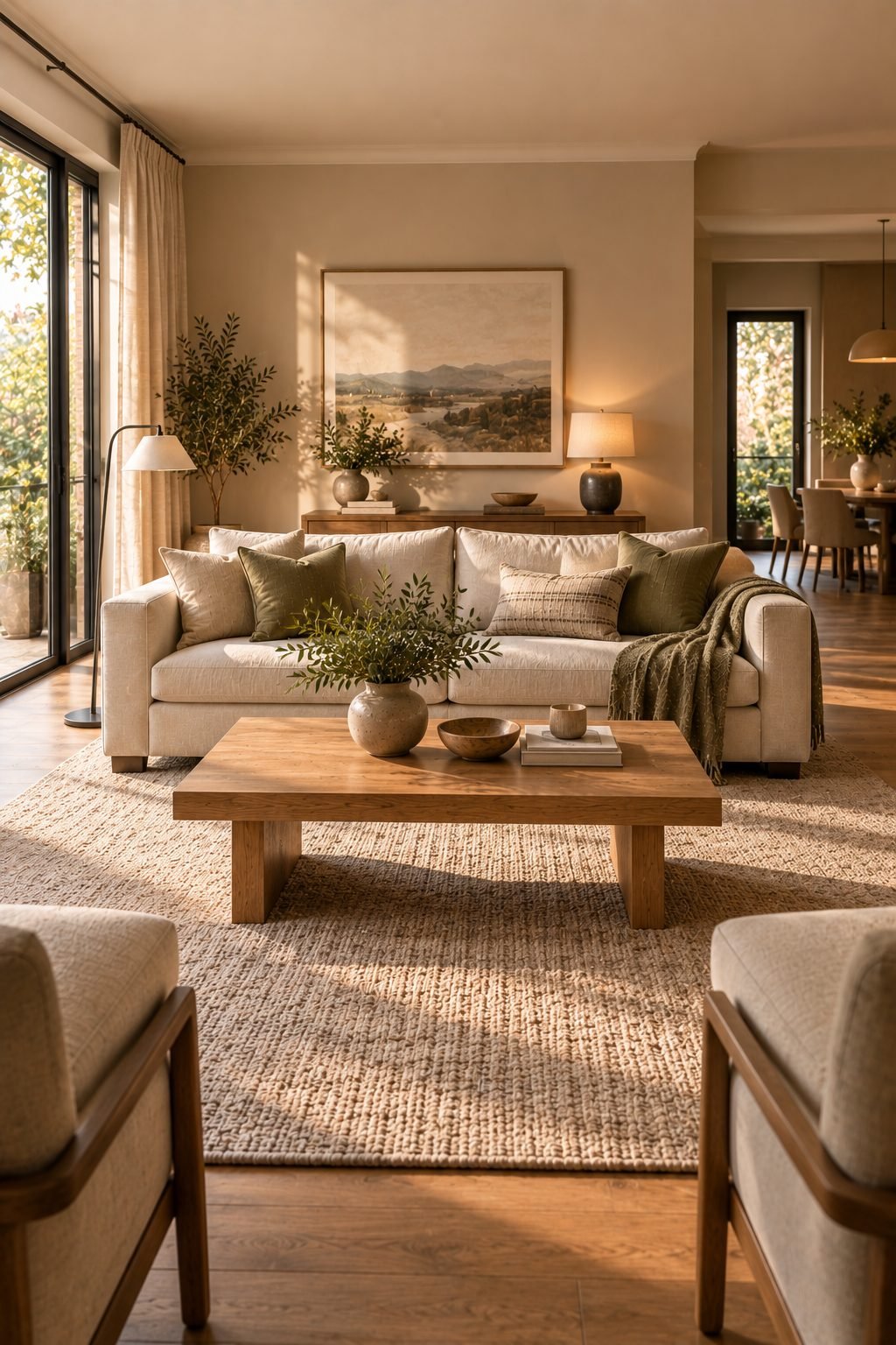 A well-proportioned neutral linen sofa in a living room, sized to leave clear walking space around it, with a low wood coffee table in front