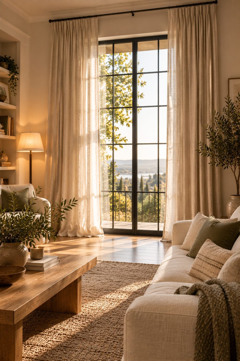 An elegant living room in the evening lit by a floor lamp, a table lamp, and warm ambient light, rather than one central overhead fixture