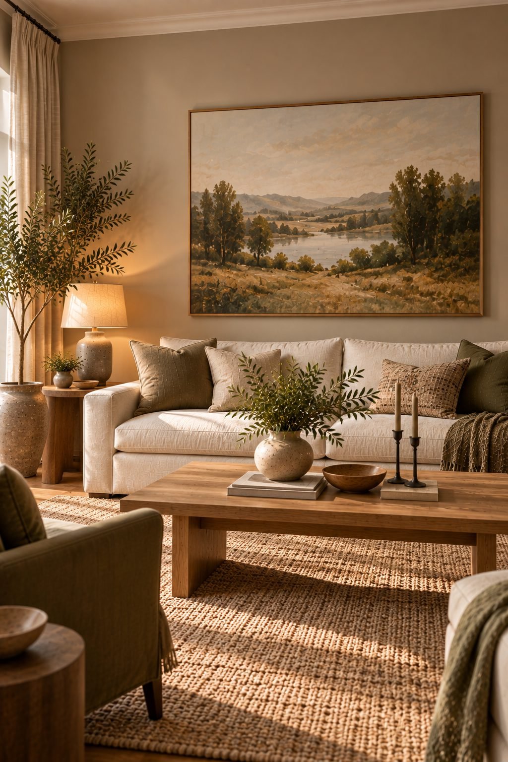 Floor-length linen curtains in a living room, hung close to the ceiling and pooling slightly at the floor, framing a large window