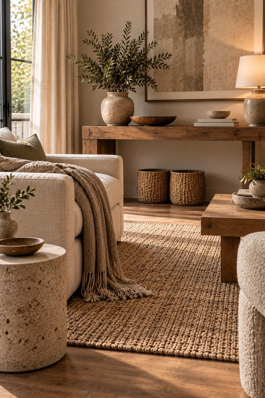 A single large piece of artwork in a muted landscape palette hung above a sofa in an elegant, restrained living room