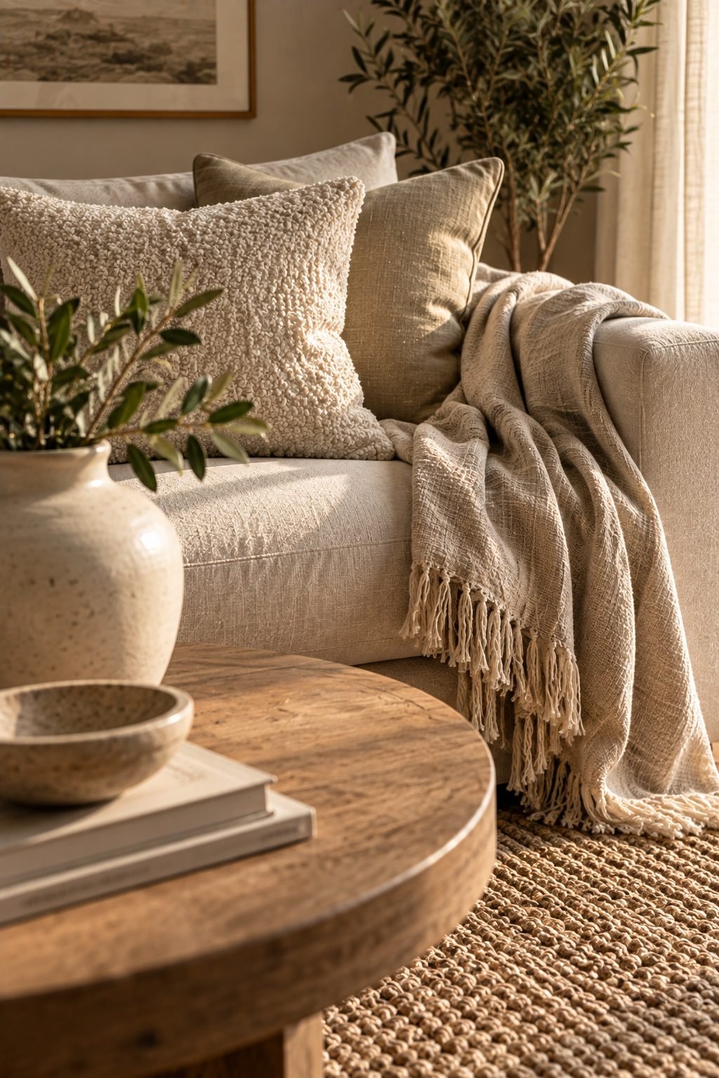 A living room detail showing a wood console table, a woven jute rug, a linen throw, and a stone side table, emphasizing natural textures