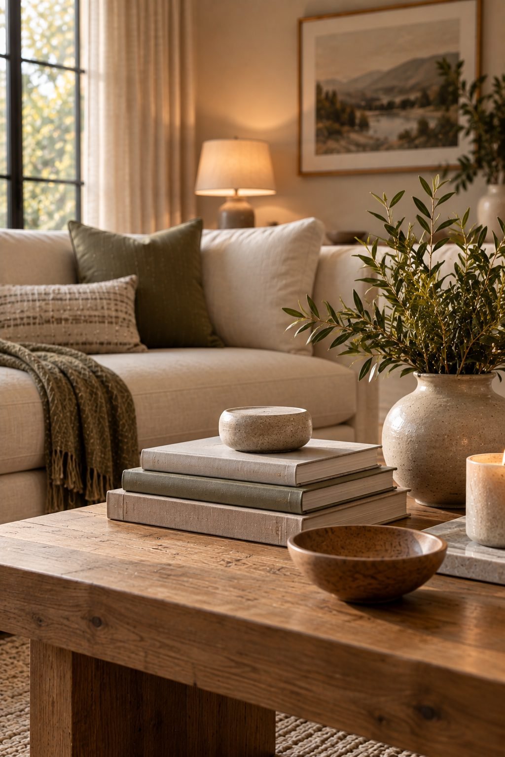 Close-up of layered living room textures — a bouclé cushion, a linen throw, a woven rug corner, and a smooth ceramic vase, all in warm neutral tones