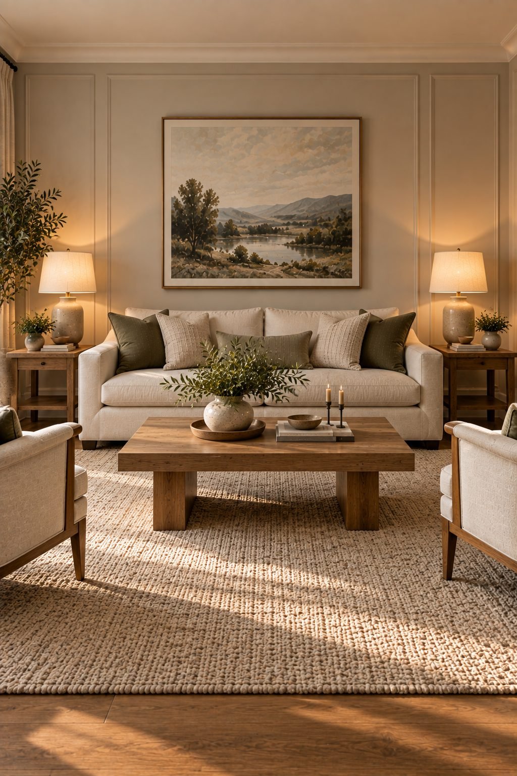 A styled stack of hardcover books on a wood coffee table with a small ceramic object on top, next to a neutral sofa