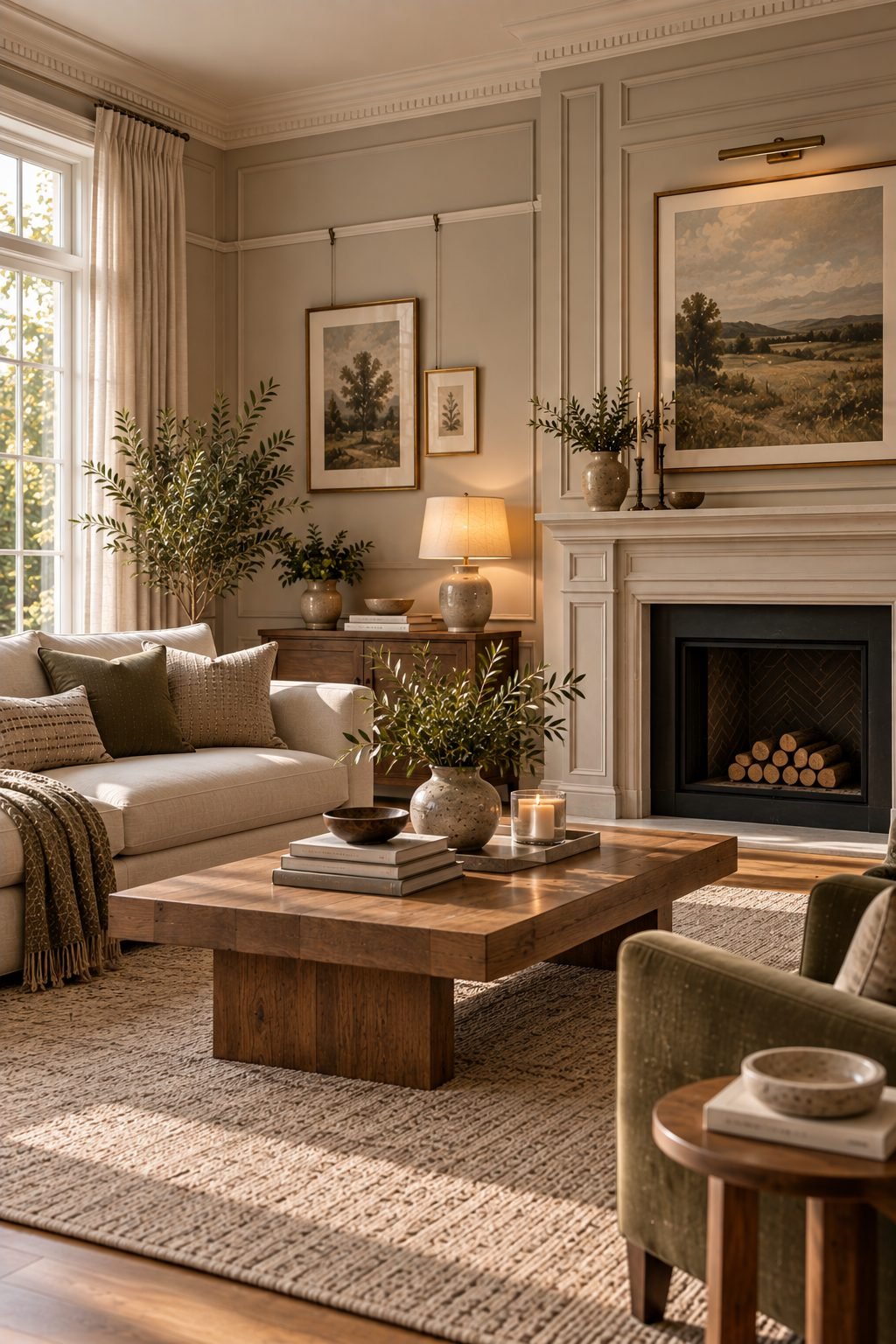 A large area rug under a living room seating arrangement, extending under the front legs of the sofa and chairs, tying the furniture together