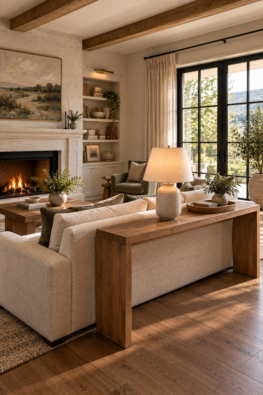A living room shot straight-on showing a sofa centered beneath artwork, flanked by matching side tables and lamps on either side