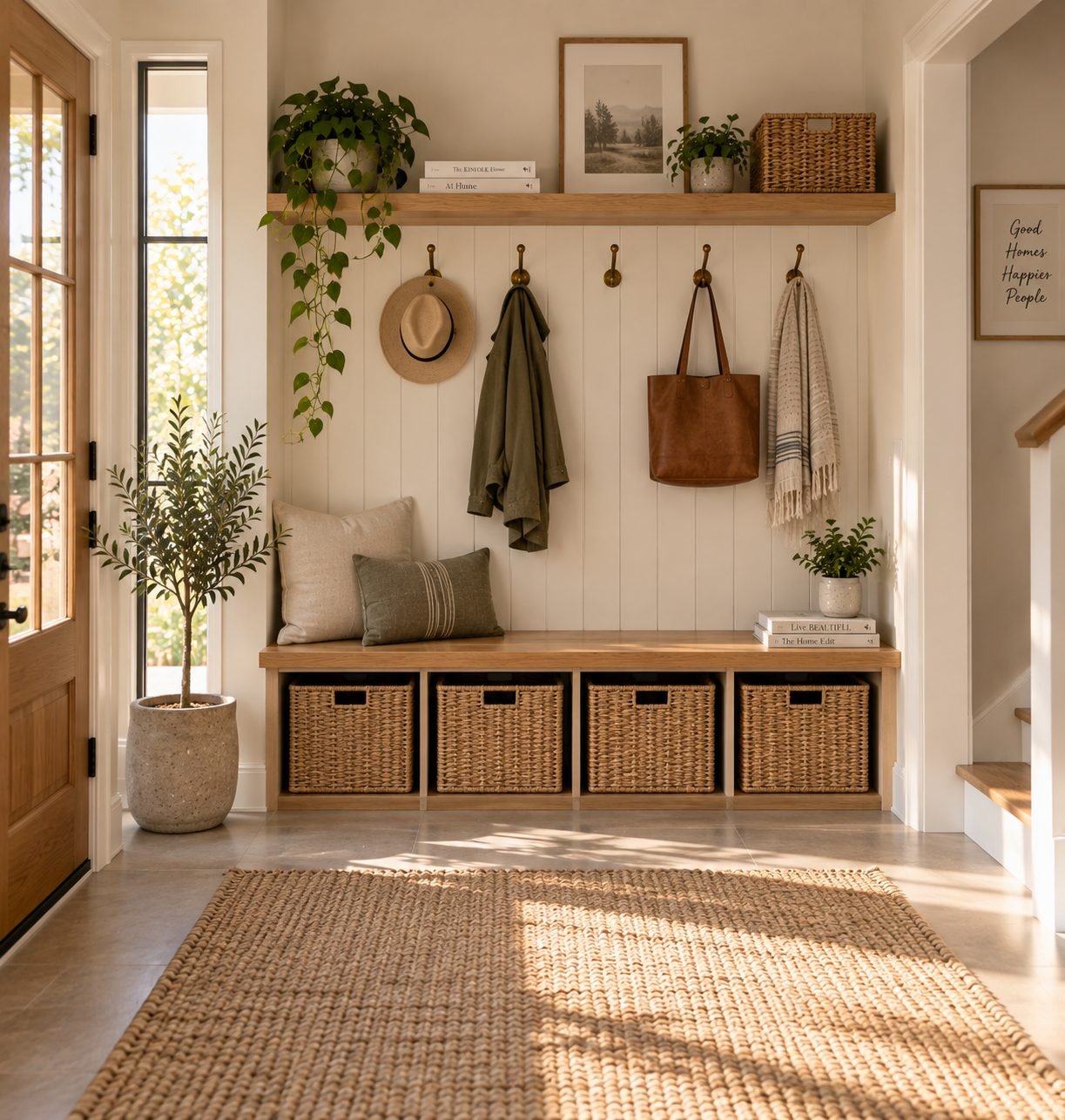A warm, sunlit entryway with wall hooks, a wood bench, and woven storage baskets underneath, everything tidy and put away