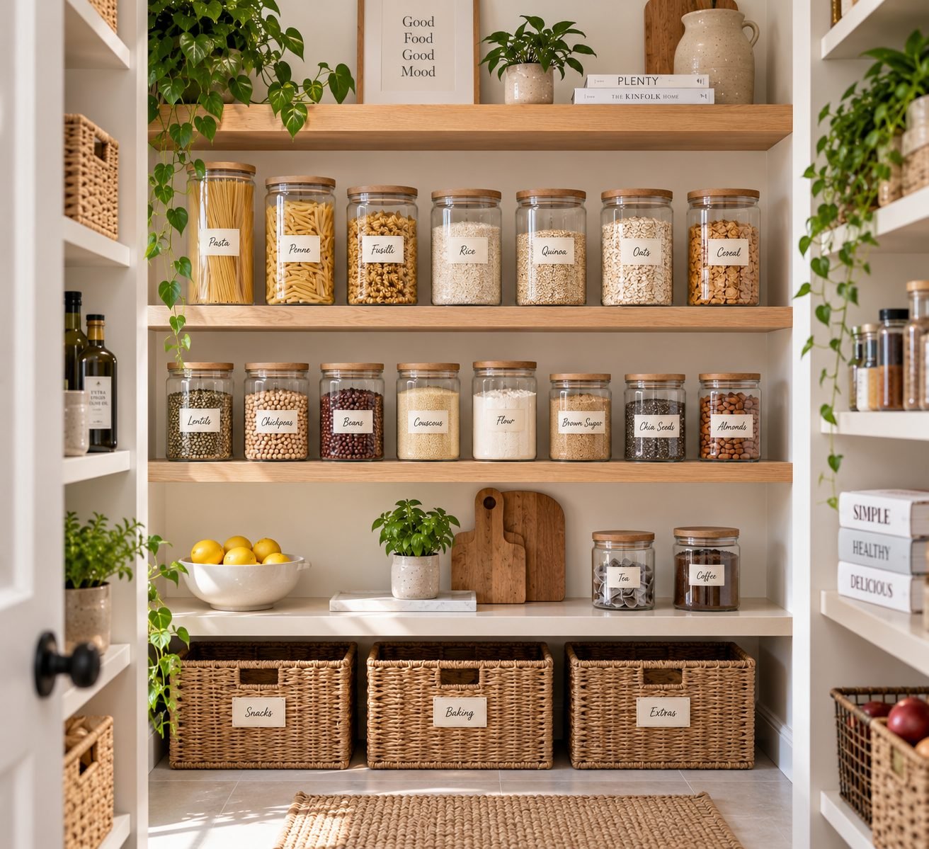 A pantry with matching clear glass containers holding pasta, grains and cereal, labeled with simple handwritten tags