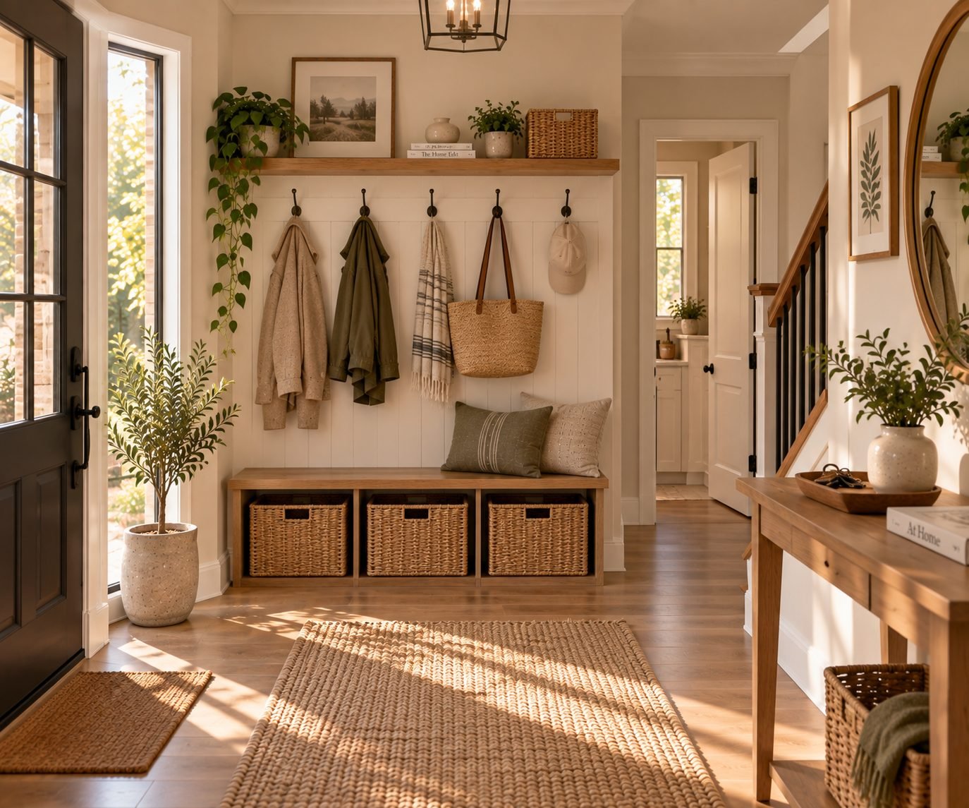 A small entryway landing zone with wall hooks for coats and bags, a low bench with woven storage baskets underneath, and a tray for keys