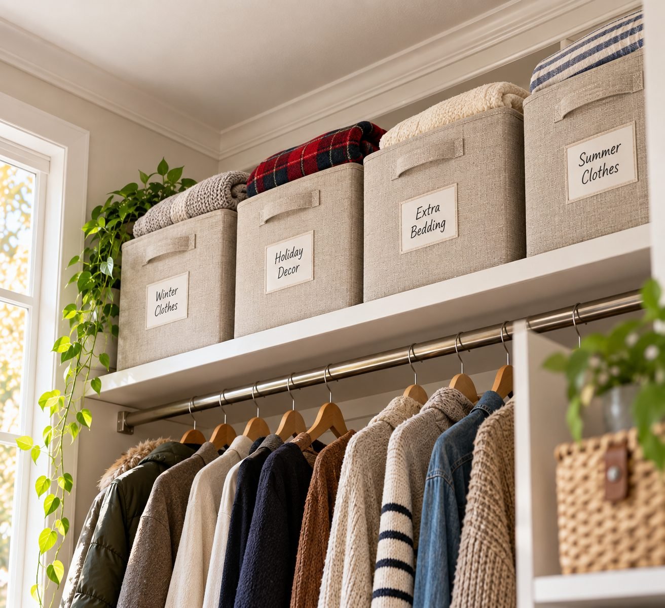Labeled fabric storage bins on a high closet shelf holding off-season clothing and holiday decorations
