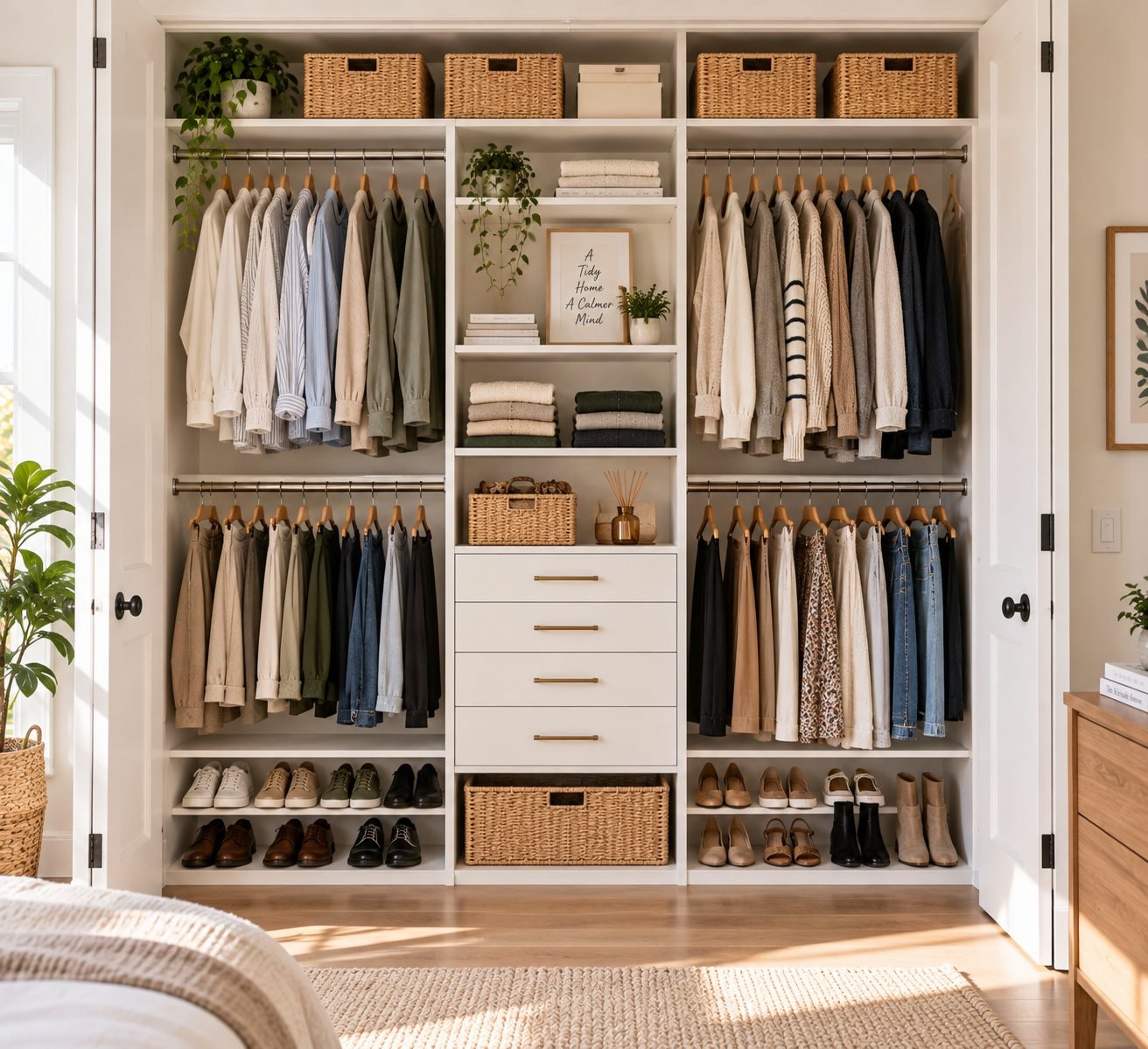 A bedroom closet using the full height of the space with a double hanging rod, shelving to the ceiling, and shoe storage on the floor