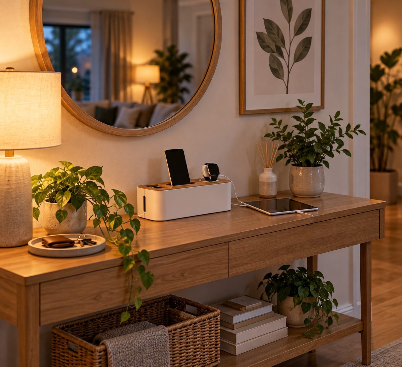 A small charging station on an entryway console with a cord organizer box, hiding cables while phones and tablets charge