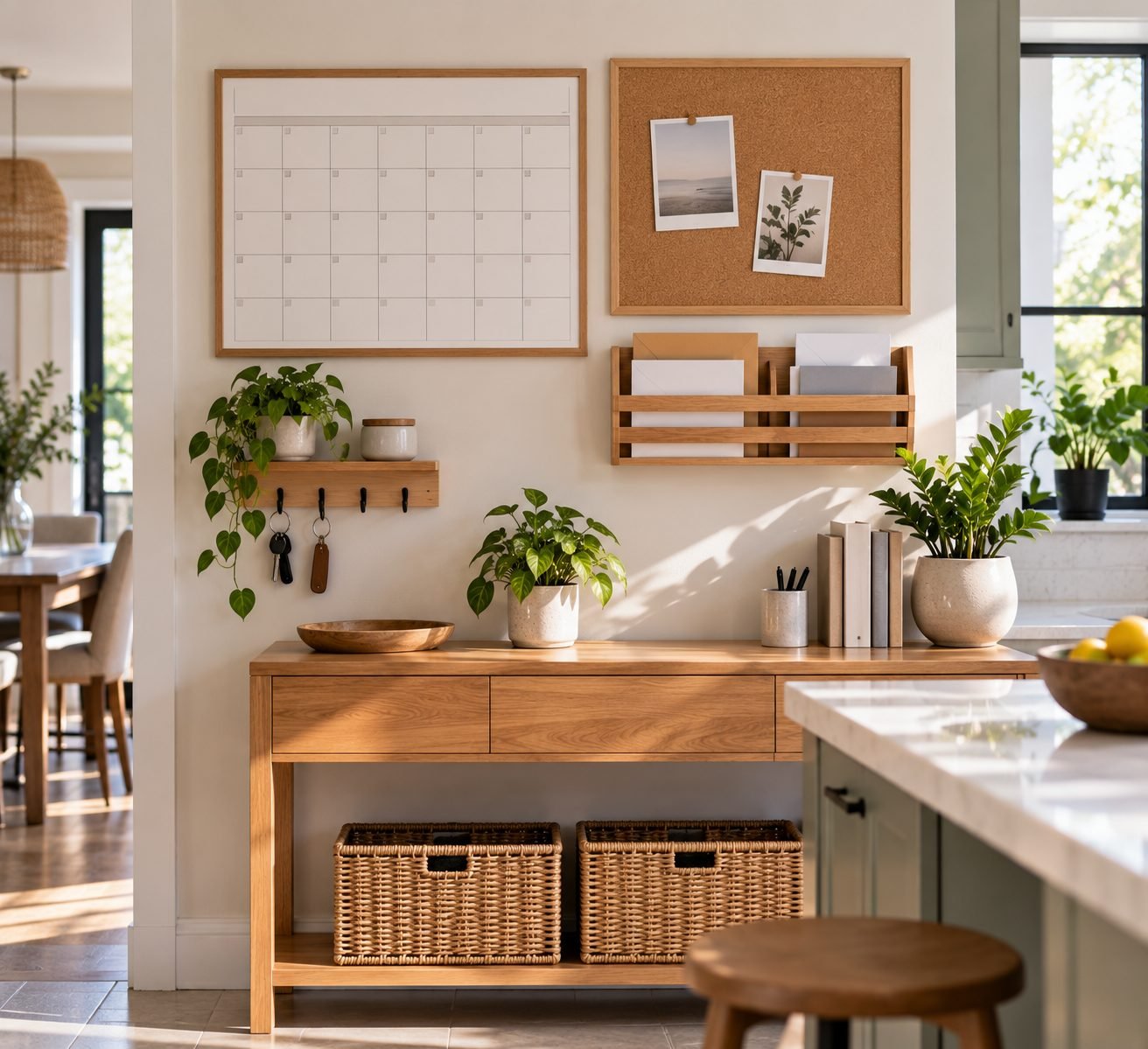 A wall-mounted family command center with a calendar, a small mail sorter, and a cork board for notes near the kitchen
