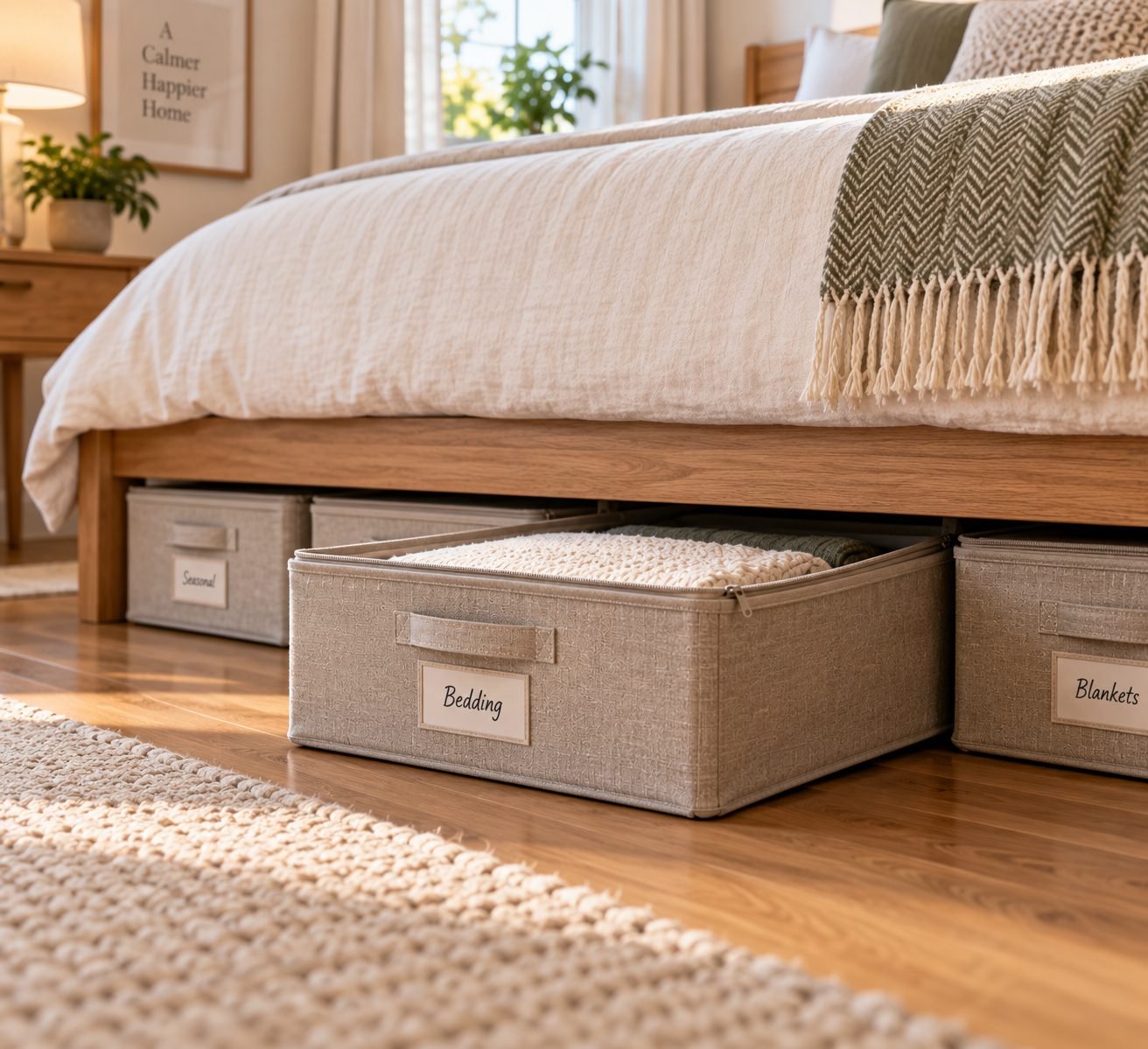 Low fabric storage boxes tucked neatly under a bed frame, used for extra bedding and out-of-season shoes