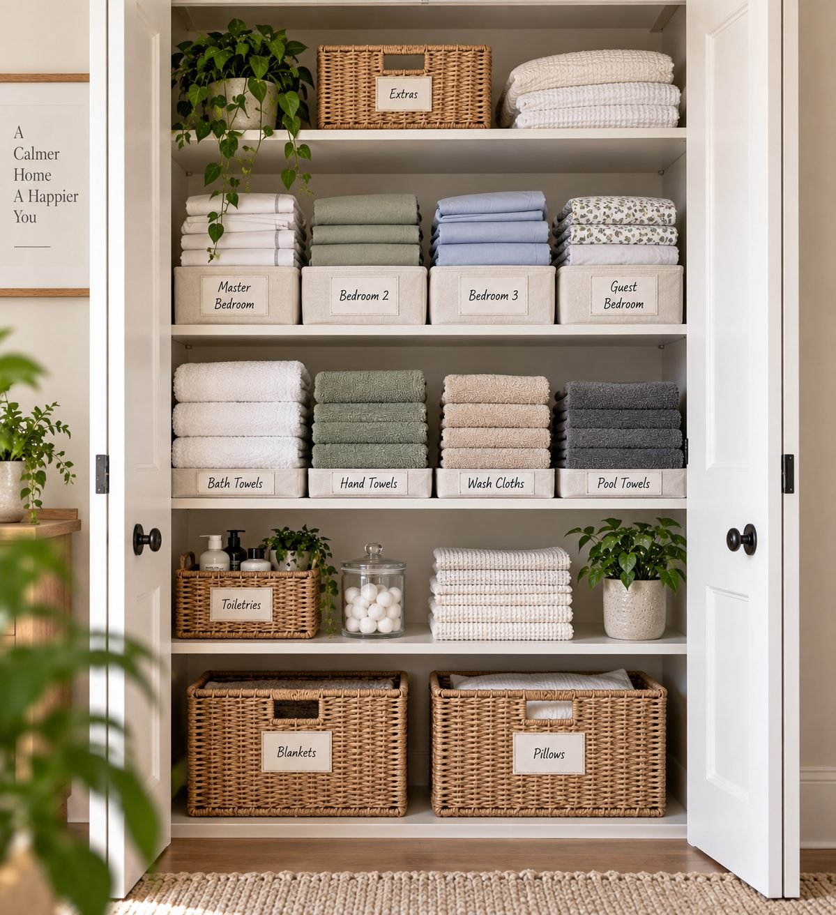 A linen closet with sheet sets organized on labeled shelves by bedroom, and towels folded into matching stacks below