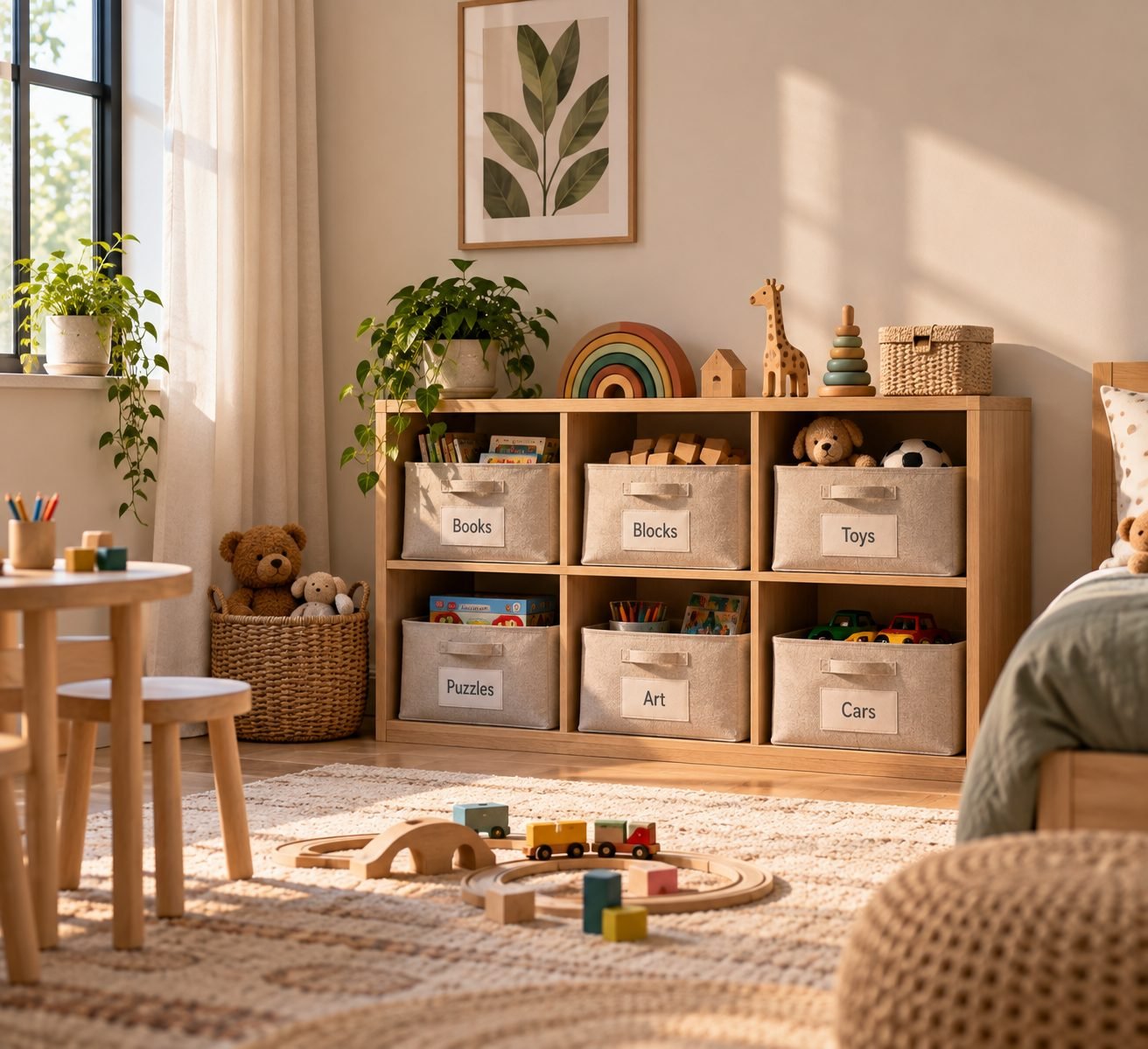 A children's room with a low open shelf holding a small, curated rotation of toys in labeled baskets, most other toys stored away