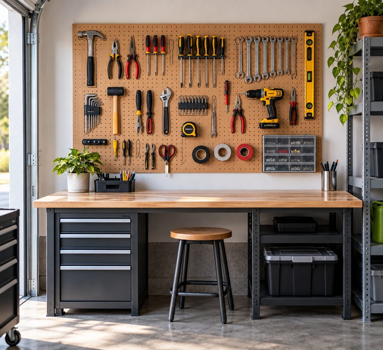 A garage wall fitted with a pegboard holding hand tools outlined for each spot, keeping the workbench below clear