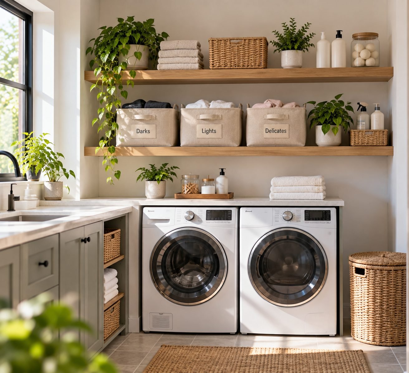 A laundry room with labeled fabric bins for darks, lights and delicates on open shelving above the washer and dryer