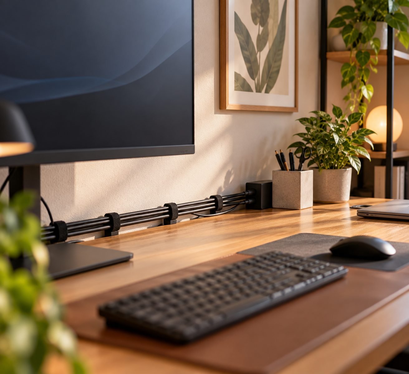 A home office desk with cables bundled and labeled with reusable ties, running neatly along the back edge of the desk